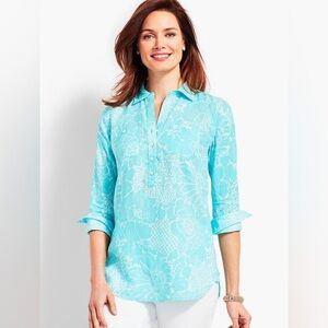 Talbots Women's Aqua Floral Beachy Long Sleeve Tunic Popover Top 100% LINEN X